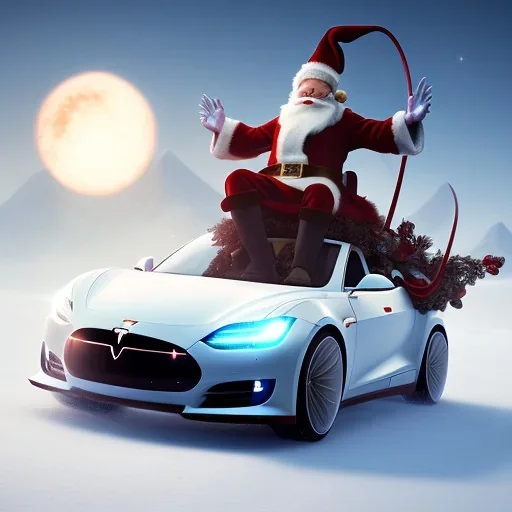 Santa claus driving his red Tesla convertible car, character design by cory loftis, fenghua zhong, ryohei hase, ismail inceoglu and ruan jia. unreal engine 5, artistic lighting, highly detailed, photorealistic, fantasy