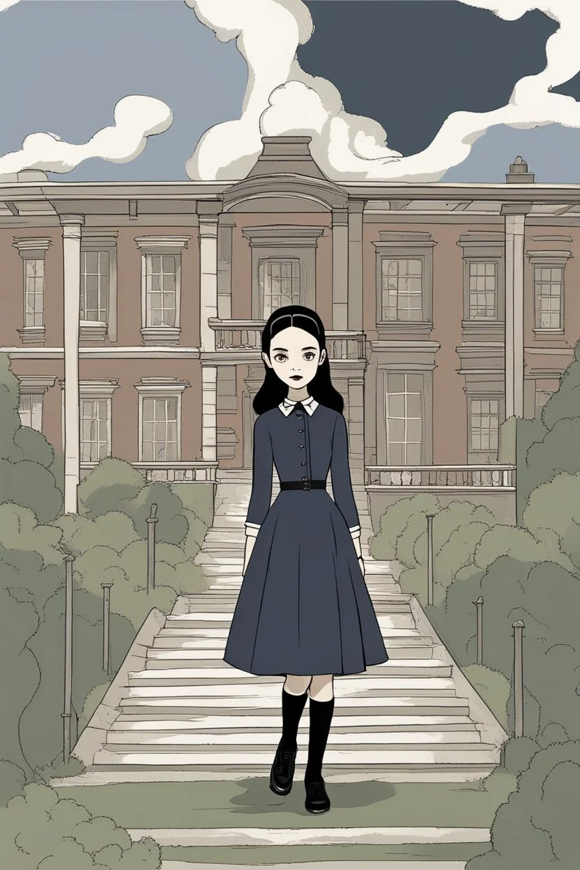 Wednesday Addams wore a fit-and-flare dress hitting below the knees, made of finely ribbed wool in a muted charcoal. Three-quarter sleeves and a high lace collar lent it an air of mystery. At the waist was tied a wide sash of deepest navy silk, swaying gently as she walked. On her narrow feet were oxford shoes the color of stormclouds, laced up to her ankles. A felt hat the same gunmetal hue covered her dark bob, its slight brim casting deepening shadows across her pale.