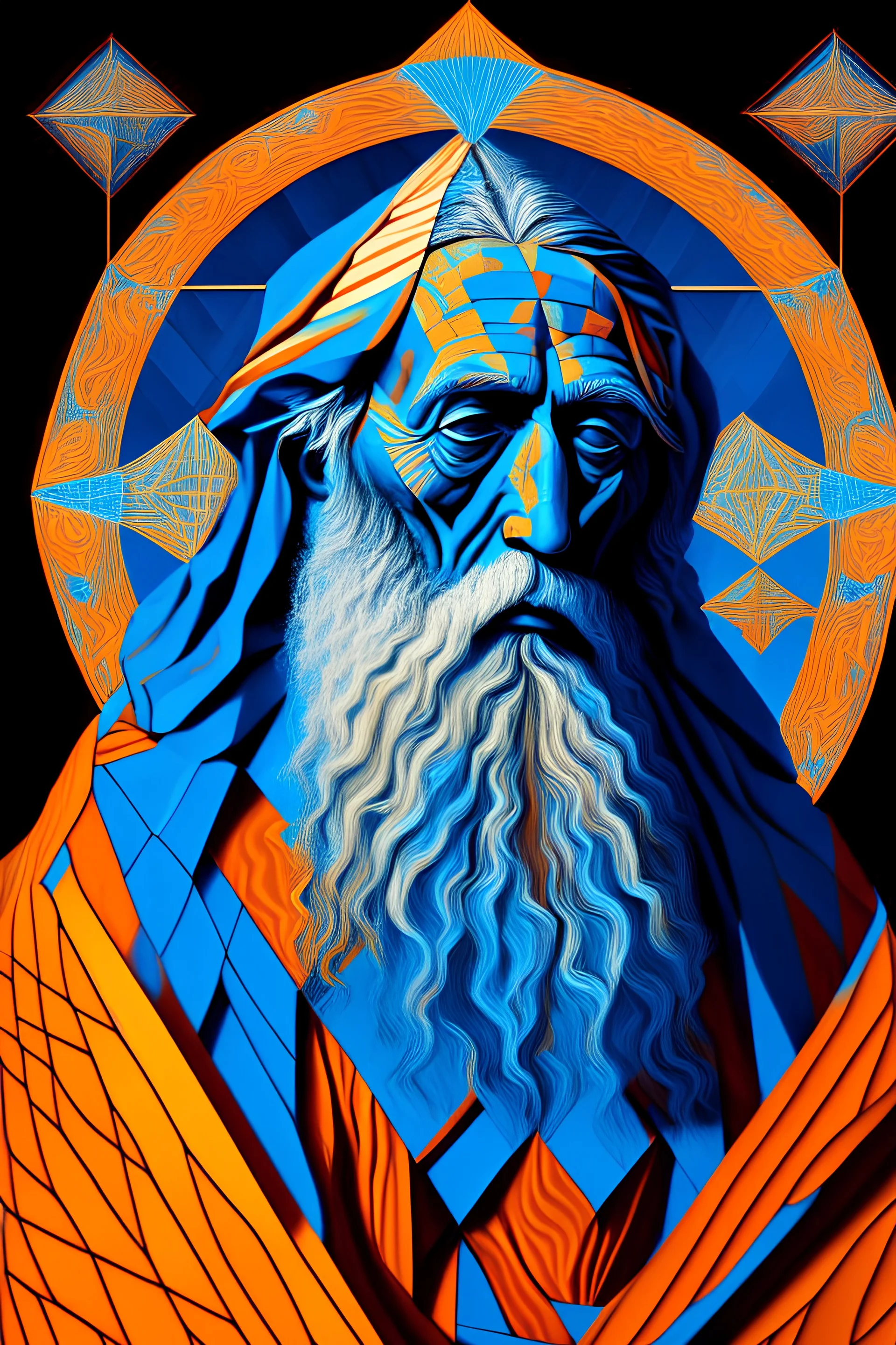 Portrait of Moses the patriarch in a zen mood the desert fantasy with sacred geometry in blue and orange like Van Gogh