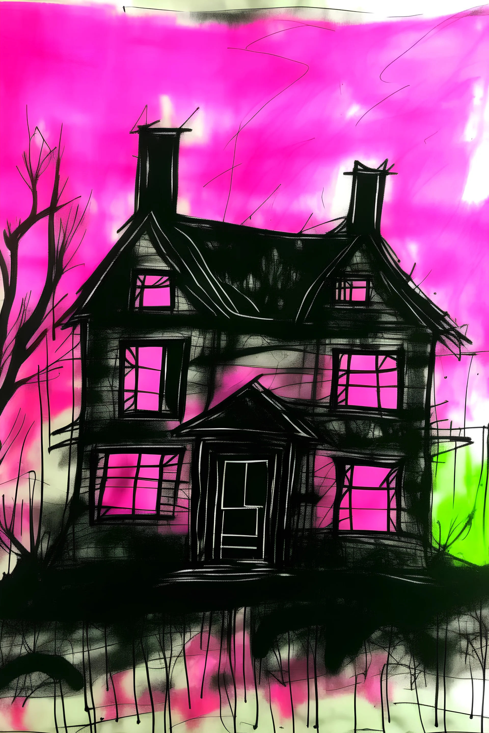 creepy house half pink/black drawing by a child on paper by wax sticks