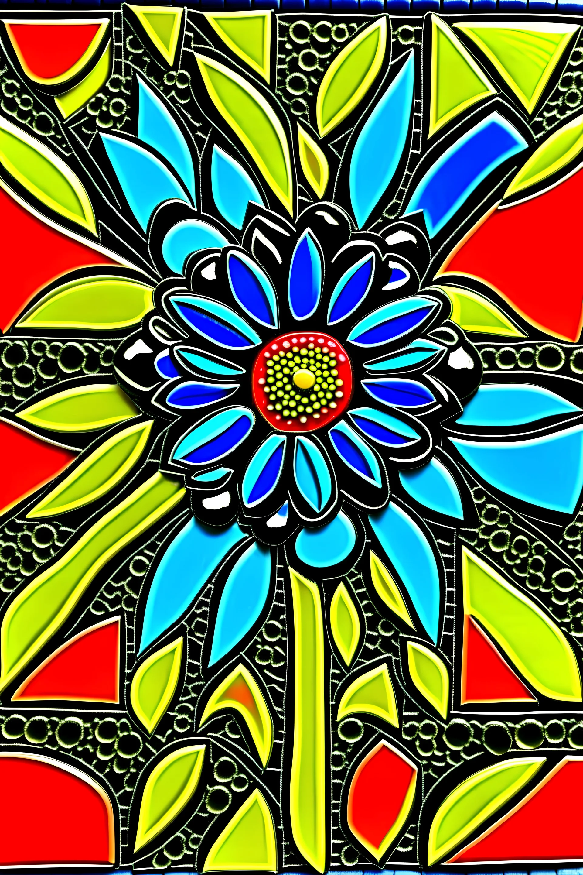 Mosaïque fleur Art Deco blue, red, black, gold