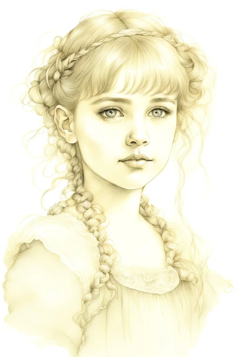 pencil and charcoal line sketch portrait of a beautiful young girl, big brown sparkling eyes, slight smile, fantasy clothes, messy hairstyle, intricate details and precisely drawn cross-hatching lines throughout the drawing, bold lines Modifiers: beautiful very cute Arthur Rackham Jean-Baptiste Monge Josephine Wall Thomas Wells Schaller shabby chic water colour painting Pencil and pastel sketch Beautiful detailed eyes pastel patchwork line art