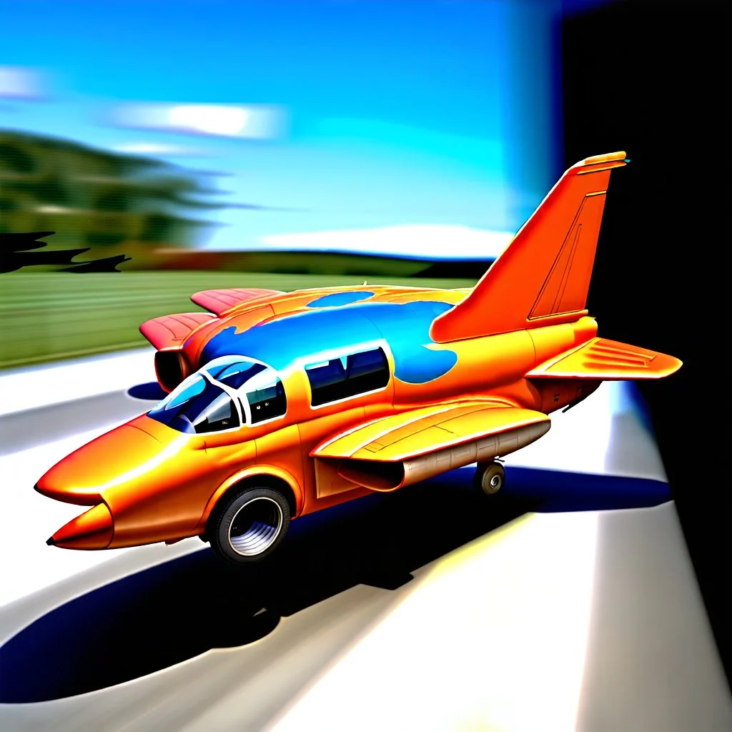 award winning photograph of a house-fly fighter-jet genetic-splice designed by only one vehicle per image painted metallic orange traveling at a high rate of speed, jet intake off of front center of vehicle and jet exhaust out the rear with bright blue flames painted on the hood and front quarter panels, bilaterally symetrical, more a high speed road vehicle