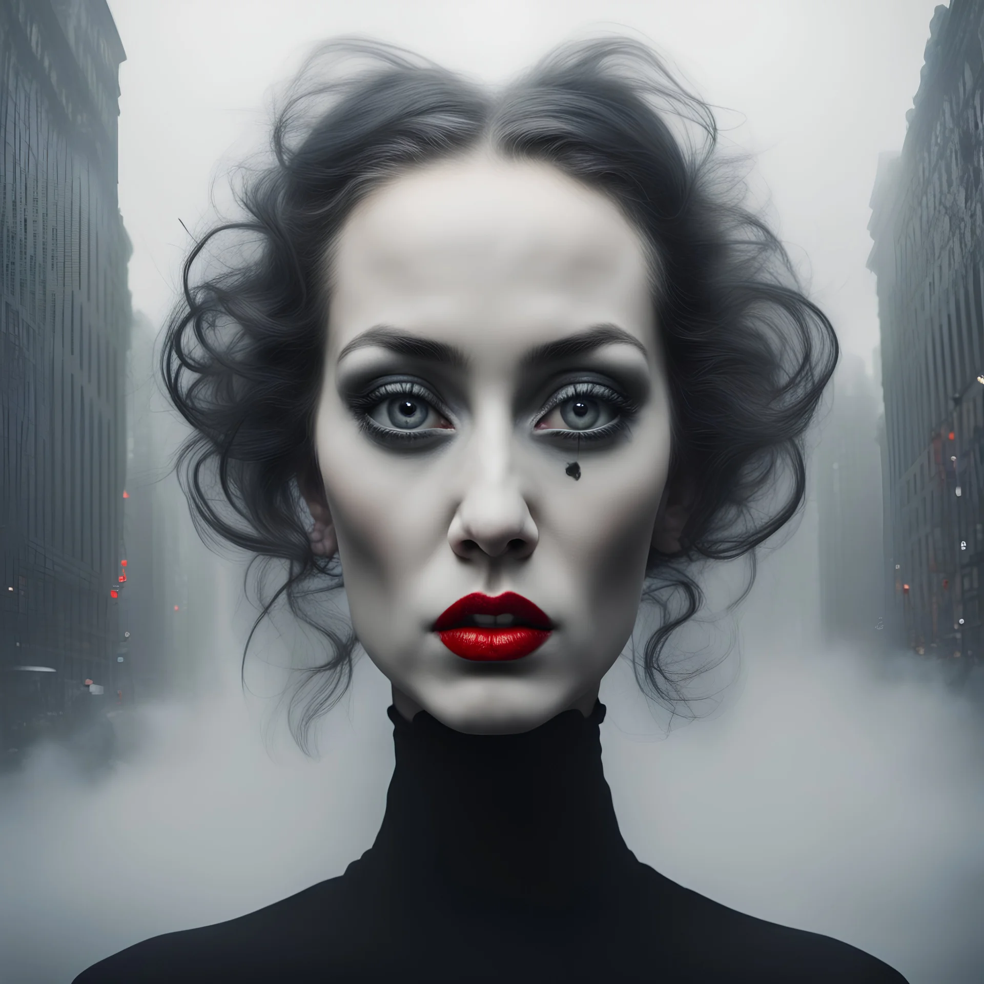a photo of gothic girl, surrealism style, large head, dali, three eyes in your face, red lips, newyork city fog, zoom out, wide angle