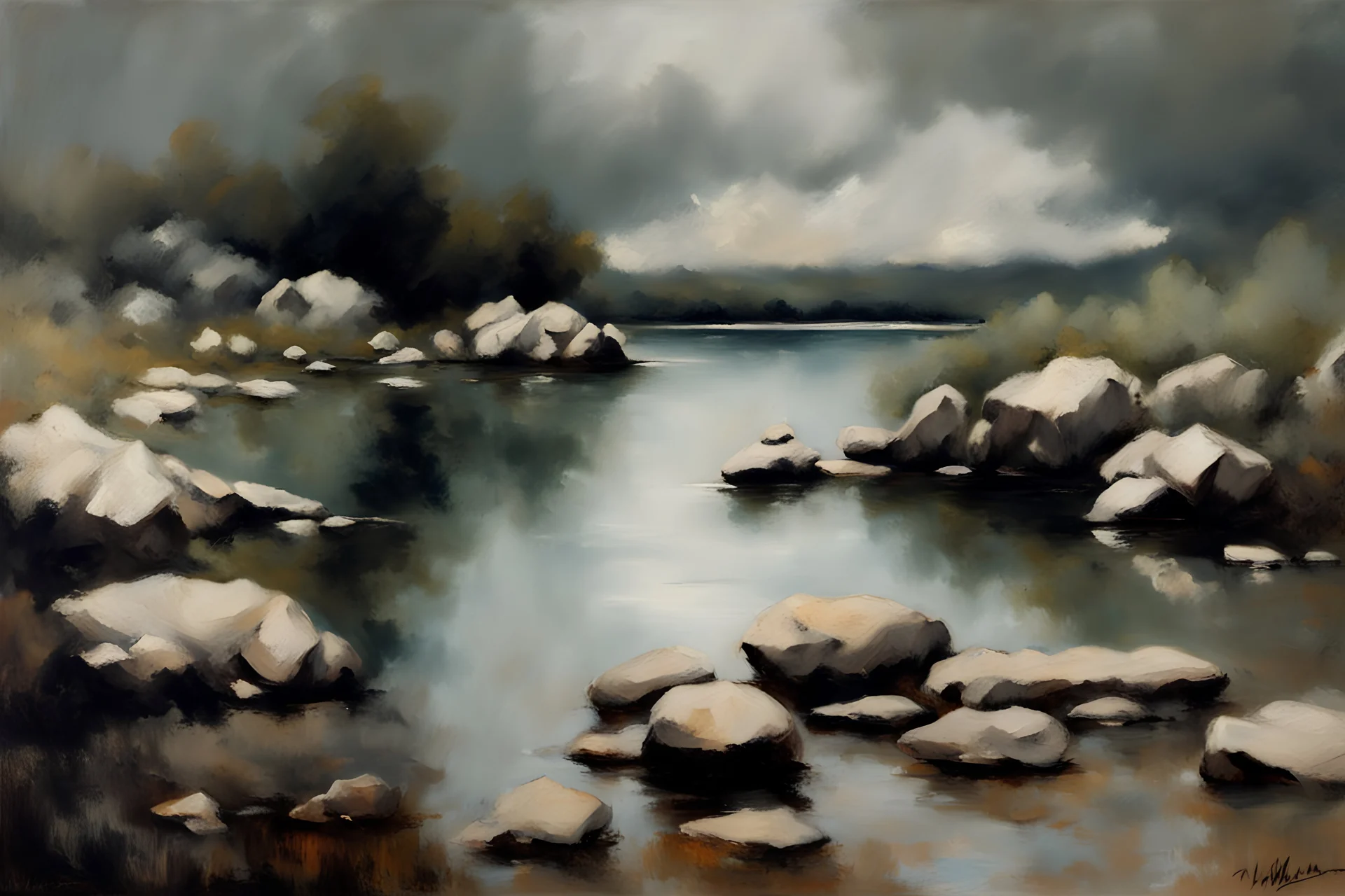 Cloudy day, lake, rocks, begginer's landscape, 2000's sci-fi movies influence, willem maris impressionism paintings