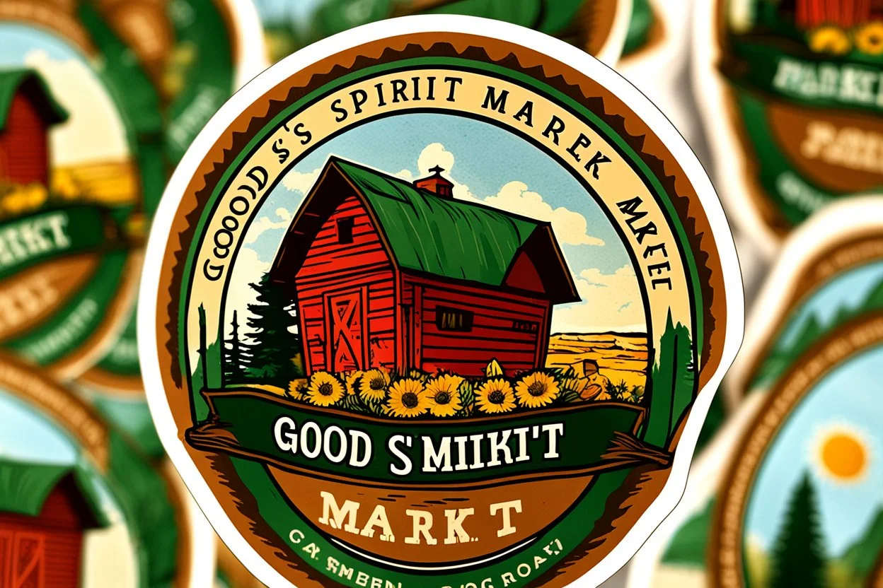 Stickers for a farmer's market "Good Spirit Market" in a national parks sticker style