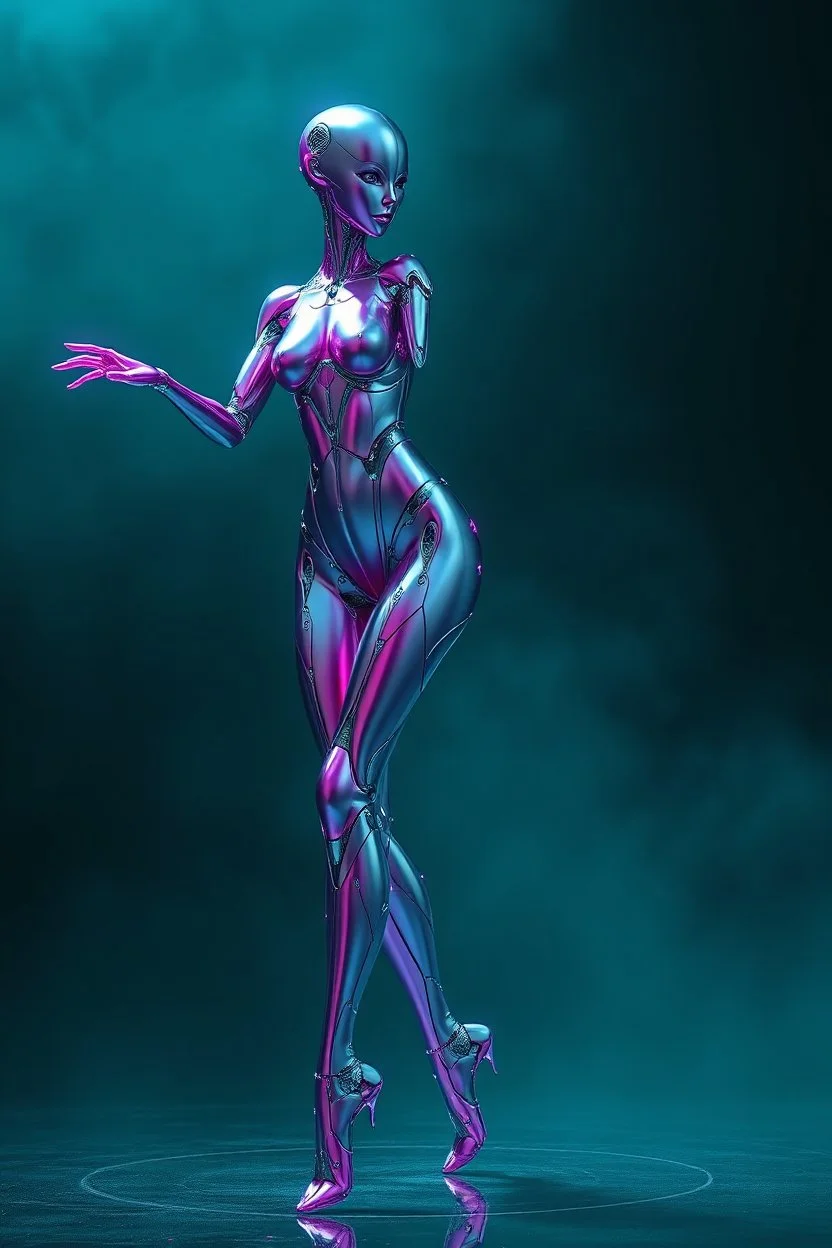 Hyper-realistic full-body 3D surreal digital painting of a female cybernetic android dancer, sleek chrome-magenta body plating, crystalline diamond joints, standing in a deep teal foggy void, flowing energy lines around her, cinematic lighting, ultra-detailed PBR textures, dreamlike sci-fi elegance, perfect proportions, masterpiece, 8k