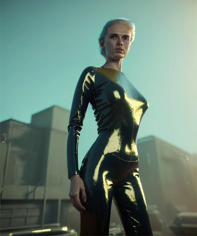 retro sci-fi portrait image from 1980, Los Angeles street explosions, fire, scared people, sweet young blonde woman walking, tight latex suit, soft color, highly detailed, unreal engine 5, ray tracing, RTX, lumen lighting, ultra detail, volumetric lighting, 3d, finely drawn, high definition, high resolution.