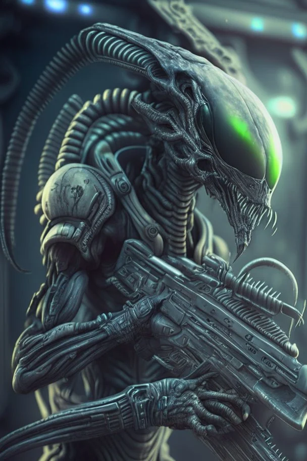 Alien with a gun ,highly detailed, artstation, sharp focus,4k