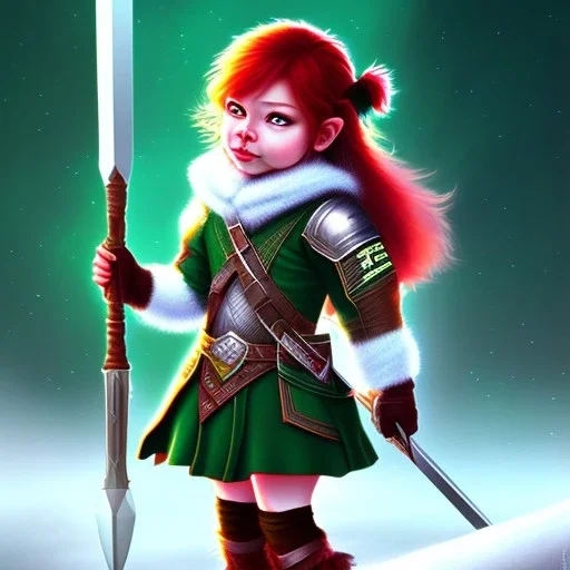 Halfling, girl, full body, red hair, adventure, sharp, green eyes, magic staff