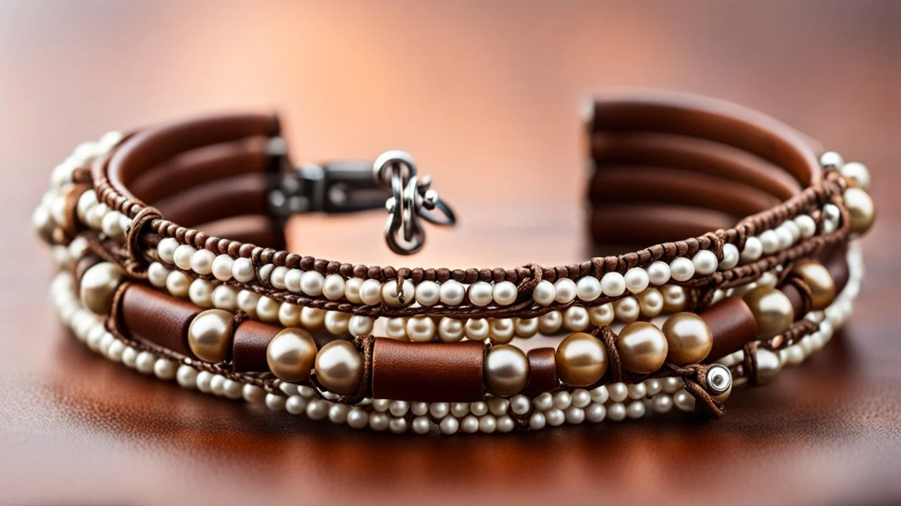 macro photo of a bracelet made of brown leather and tiny pearls in nice ethno style on a woman's wrist, detailed, sharp contrasts, realistic, cinematic, blur background