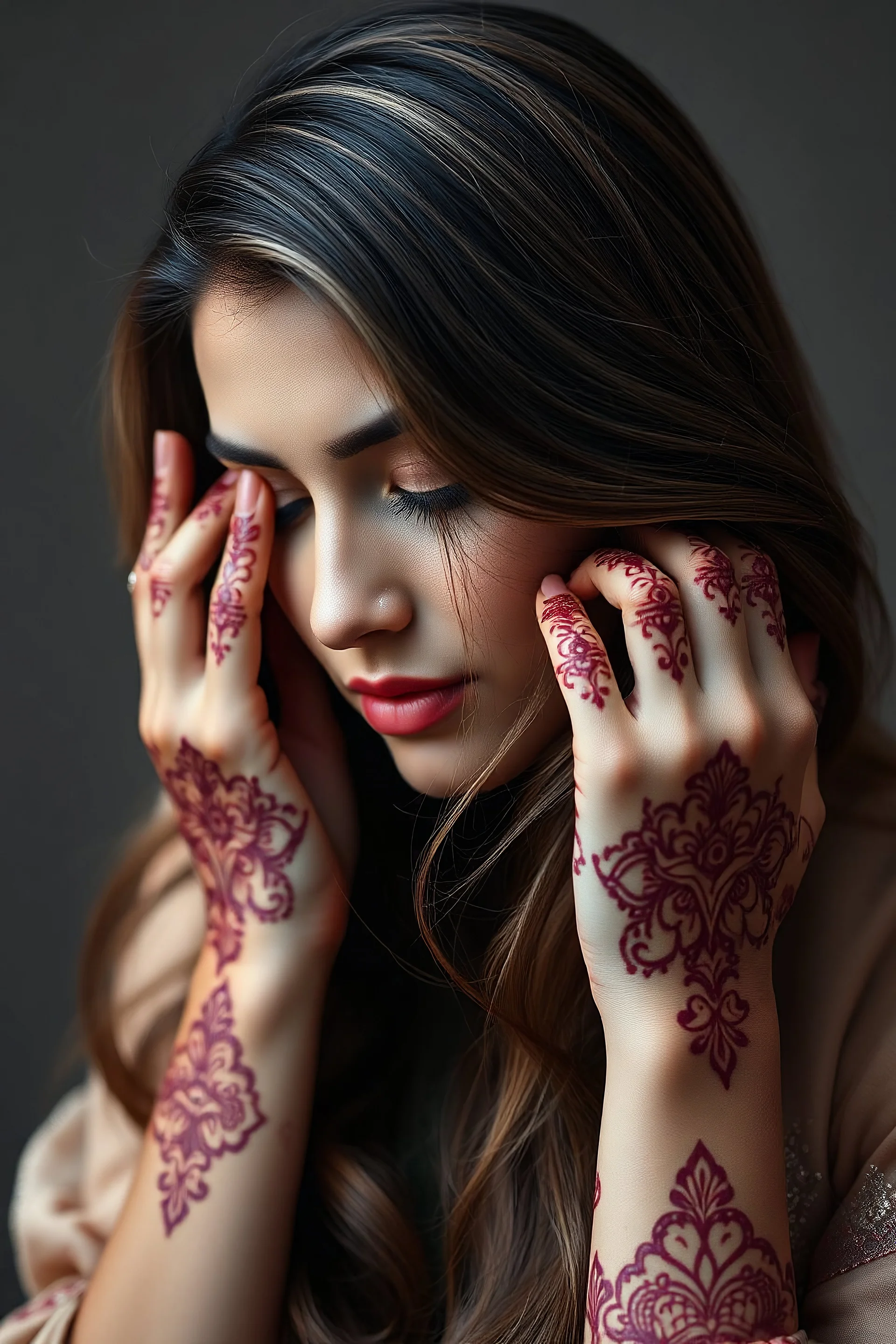 A breathtakingly beautiful woman with long, flowing brown and ash-toned hair delicately adjusts her hair with her fingers, showcasing a nose pin and hands adorned with intricate maroon henna patterns. This image is a high-quality photograph that captures her elegance and grace. Every detail is exquisitely depicted, from the subtle hues of her hair to the intricate designs on her nails, creating a mesmerizing portrait of timeless beauty. ultra realistic 8k image