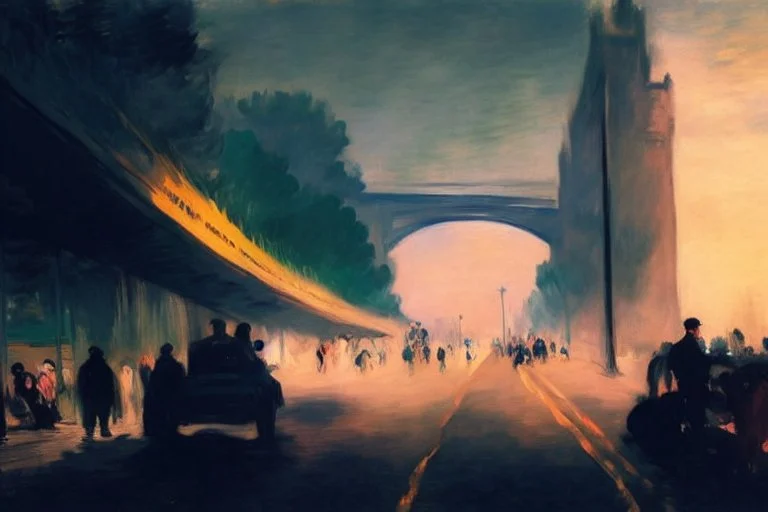 street, highway, bridge, distant city, city lights, people, cars, buildings, mist, lesser ury and edouard manet painting