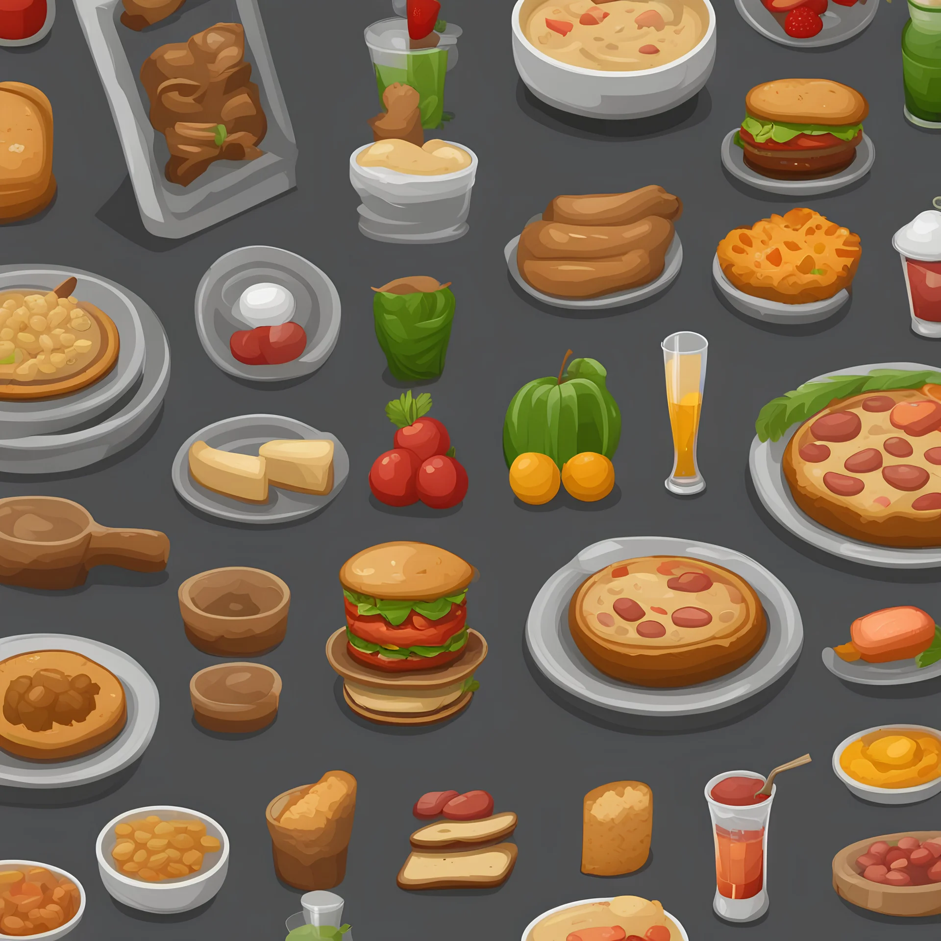 Sprite sheet, food icons, survival game, gray background,