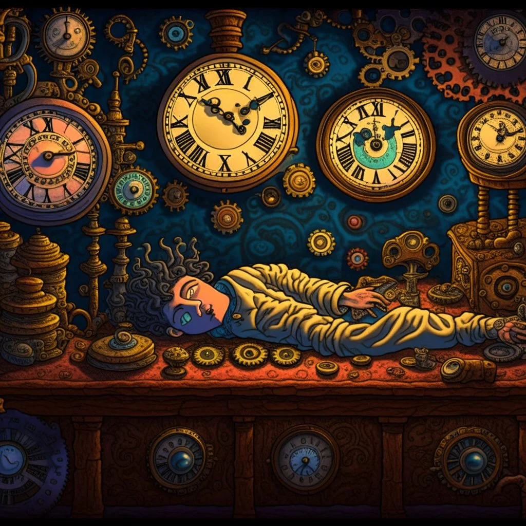 A drug-addicted individual is illustrated lying in bed, surrounded by old clockwork machinery and gears. As they drift off into their fantasy, the clocks come alive, each one representing a different realm of their imagination. The hands of the clocks spin backward, accelerating time, and whisking the person away to their magical dreamscape.