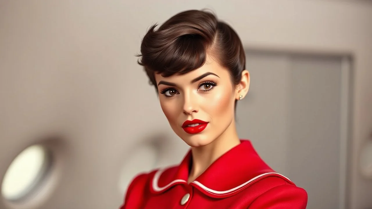 1950s pin up style portrait of a stunning beautiful brunette stewardess in red uniform with pixie cut and very big red lips looking a bit like Elodie Cherie