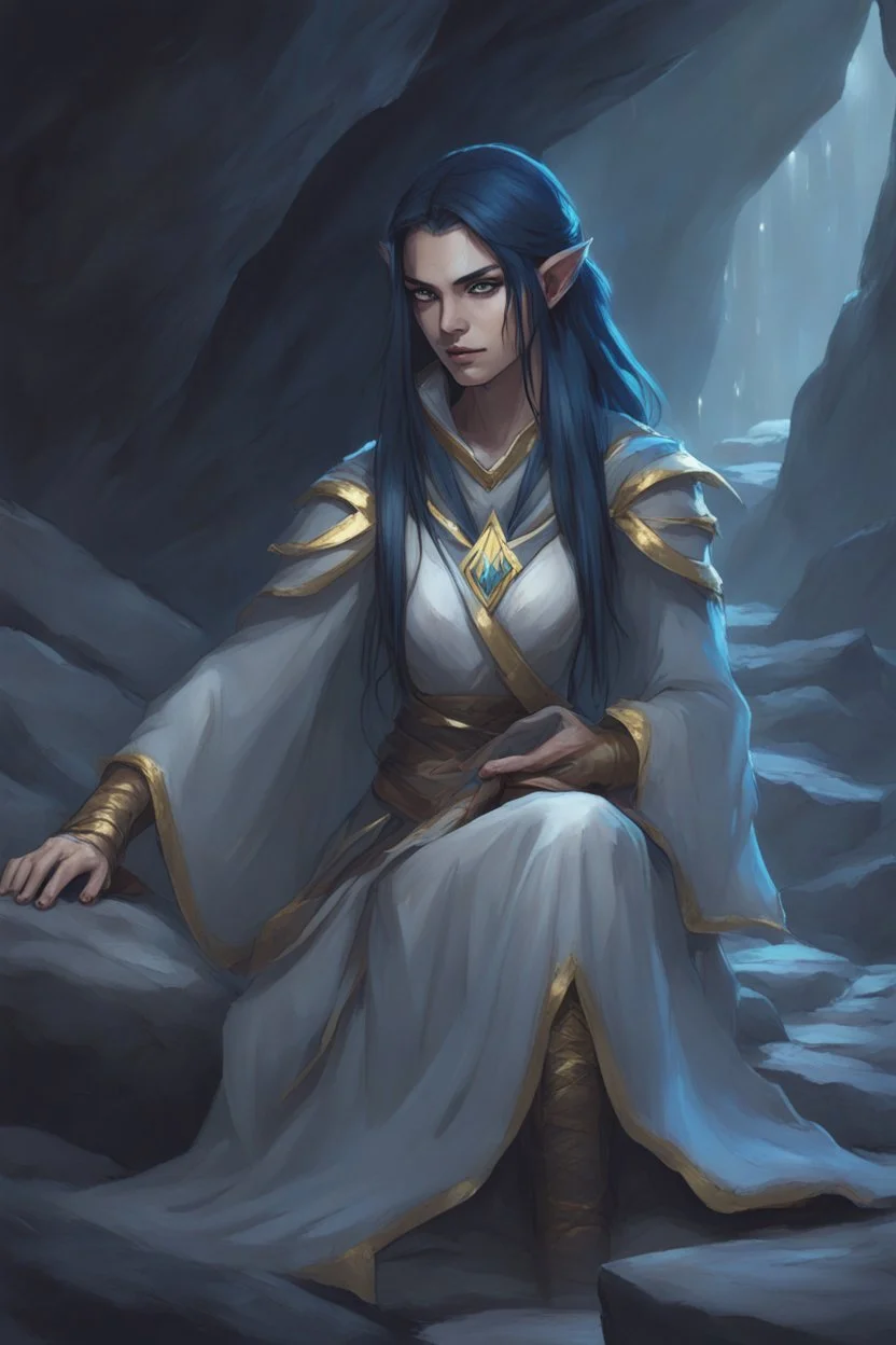 Dnd character on her knees in a cave. A female Elf twilight cleric with black and blue hair and golden eyes, wearing gray robes. Etheral, beautiful, strong.