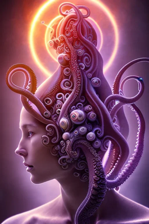 Spiritual being with Tentacles over human Head creating reality around, wrapping Spiral around people, Psychedelic