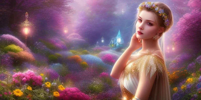 bright fairy, beautiful portrait, flowery landscape