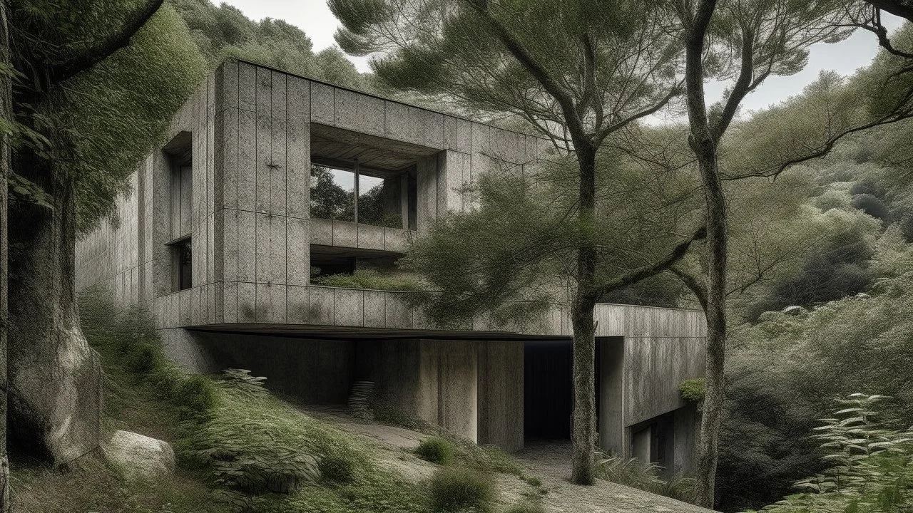 Among centuries-old trees, a house with a brutalist design merges seamlessly into the landscape, embodying the raw beauty of the primitive. The structure, weathered yet strong, is captured in a striking photograph that exudes a sense of timelessness. Every detail, from the stark angles to the rough texture of the concrete, adds to the haunting allure of the scene. This captivating image invites viewers to ponder the enduring power of nature and architecture.