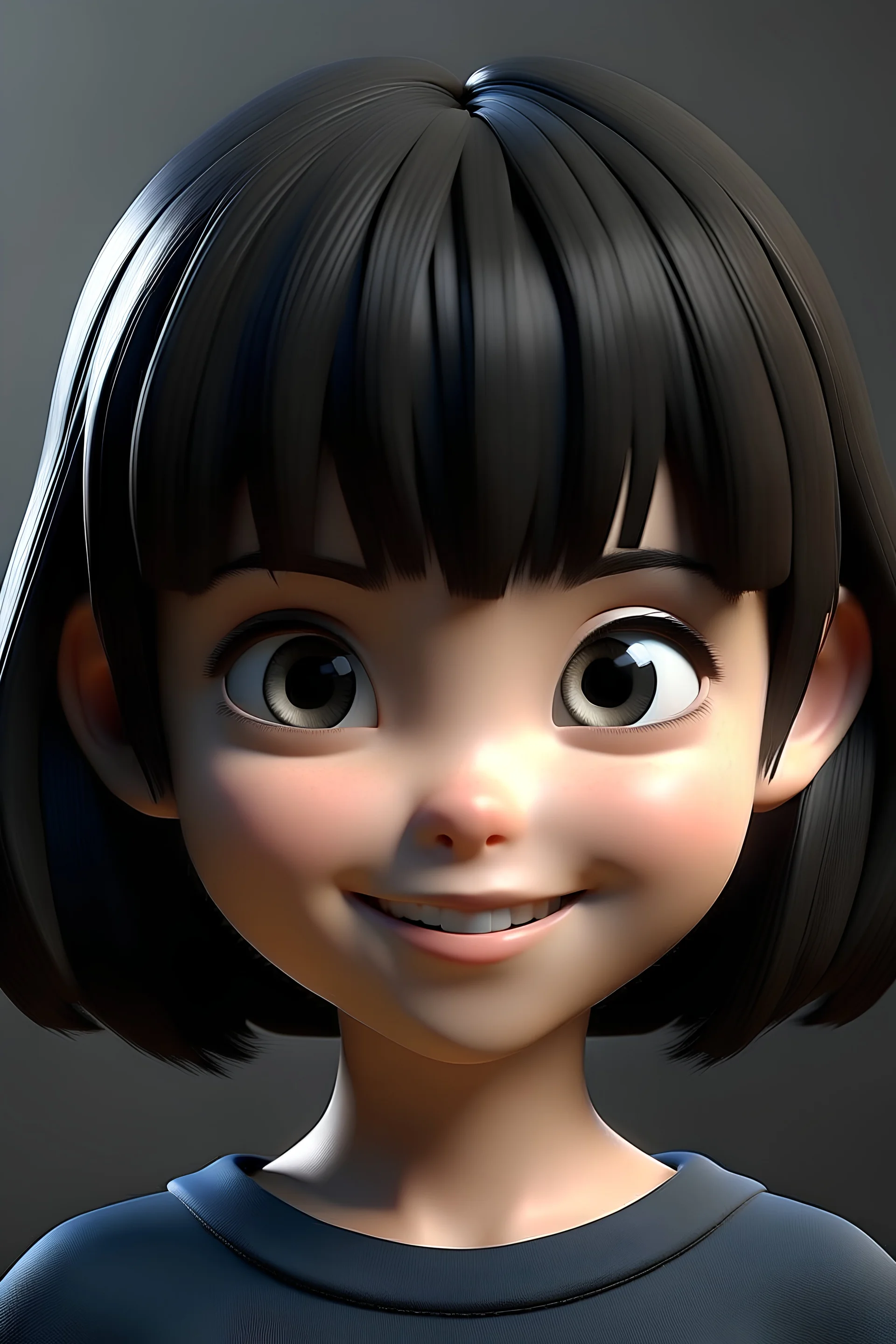 3D Cute girl perfect cute eyes ,smiley with bob hair ,medium black with bangs