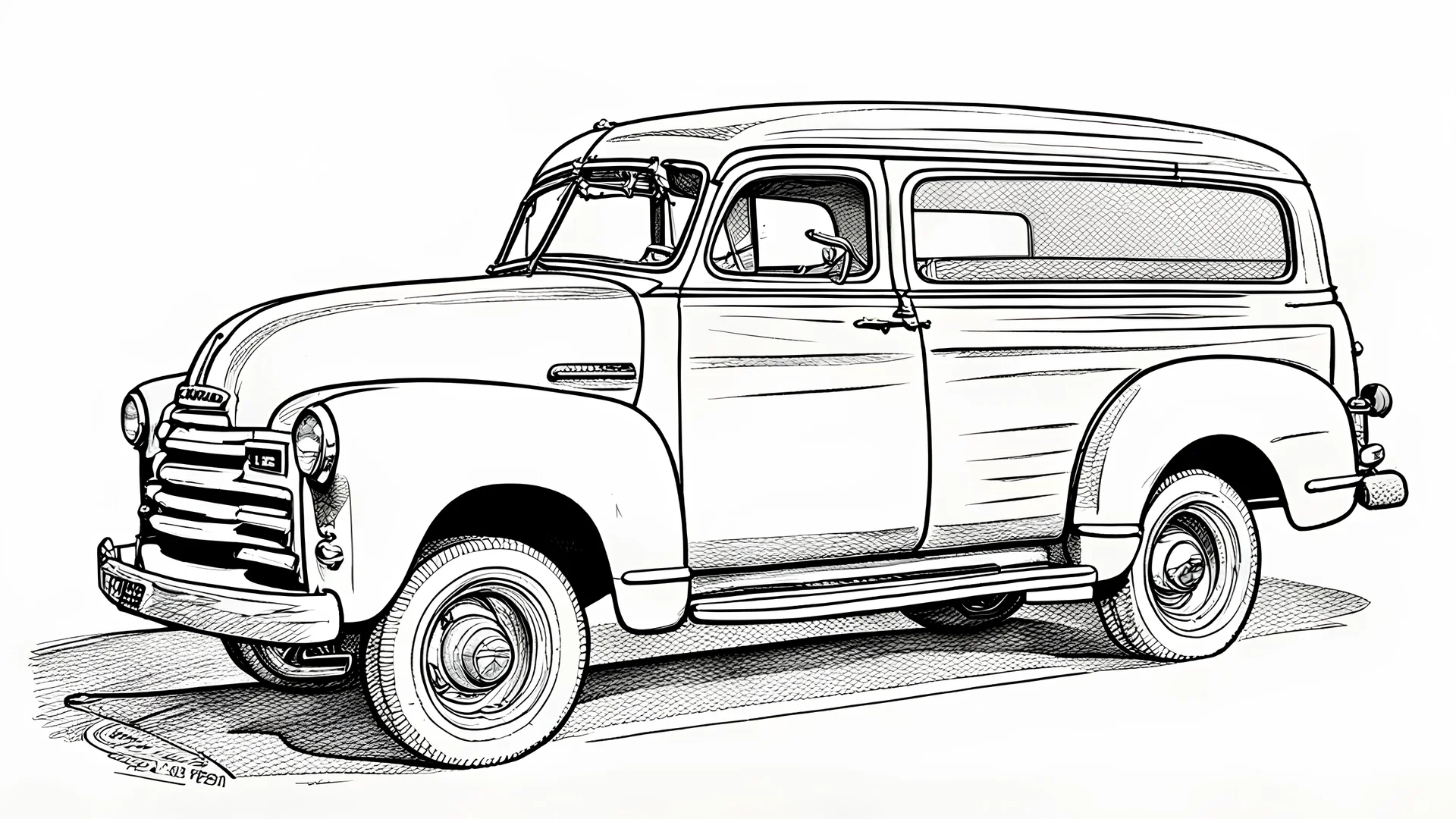 comics , 1952 GMC Suburban，pencil sketch，pencil，intricately details，finely detailled，Hyper-detailing