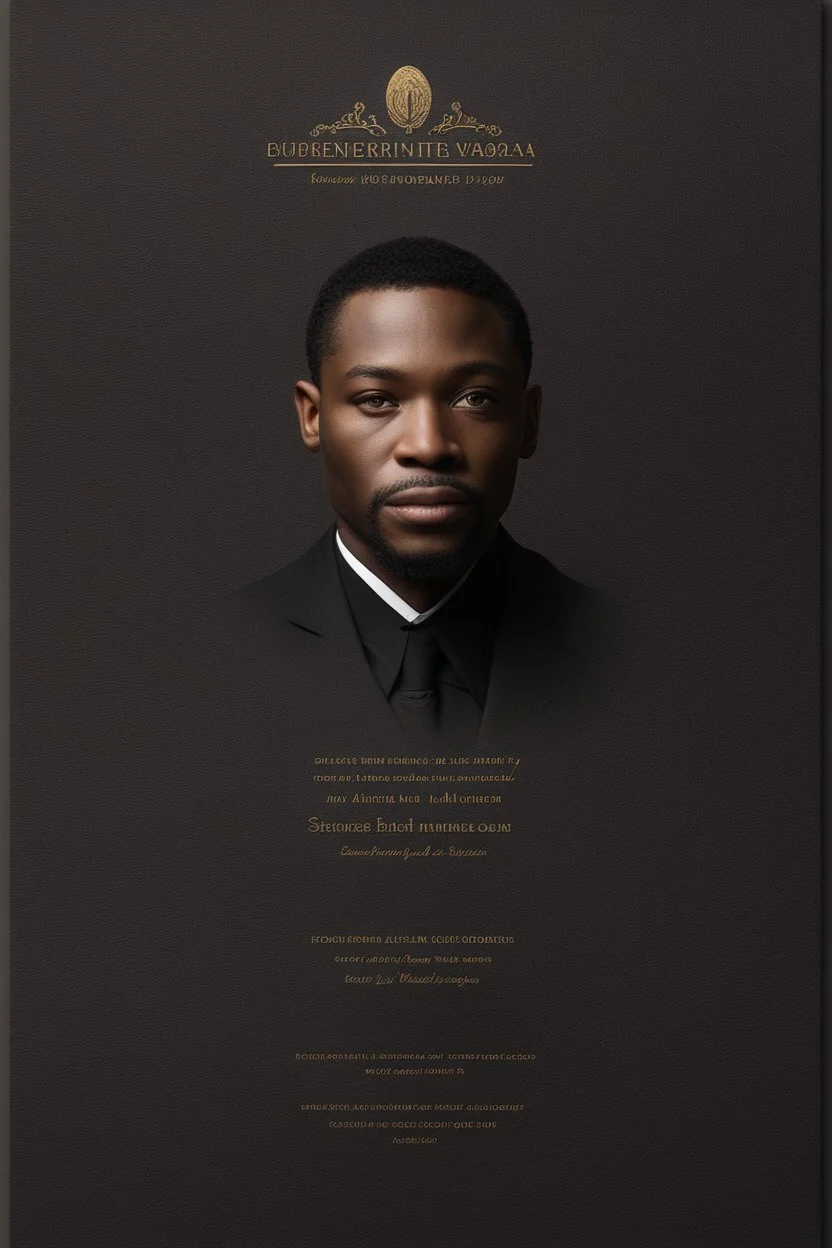 An extremely formal, funeral program for a black man on darkest bronze deeply pigmented velvet paper with brilliant, brightest heavy golden fonts, simple, minimalistic, less element, very dramatic lighting