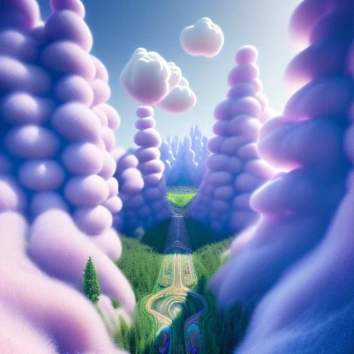 a psychedelic realm with rolling plains made out of clouds, mountains made out of icebergs, and plant life made out of cotton candy, in the style of wlop and namek, illustration, epic, fantasy, hyper detailed, smooth, unreal engine, sharp focus, ray tracing