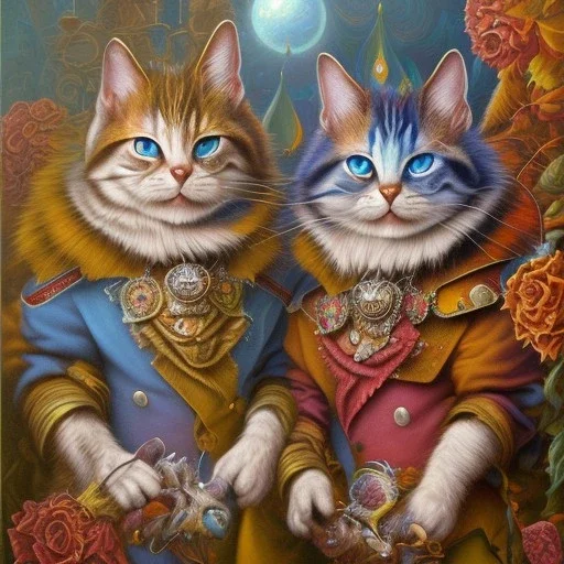 prompt, Fantasy harlequin cats by Louis Wain, by Catherine Abel, by Gediminas Pranckevicius, fantasy, oil on canvas, beautiful, high details, ultra detailed, crisp quality, colourful, high definition