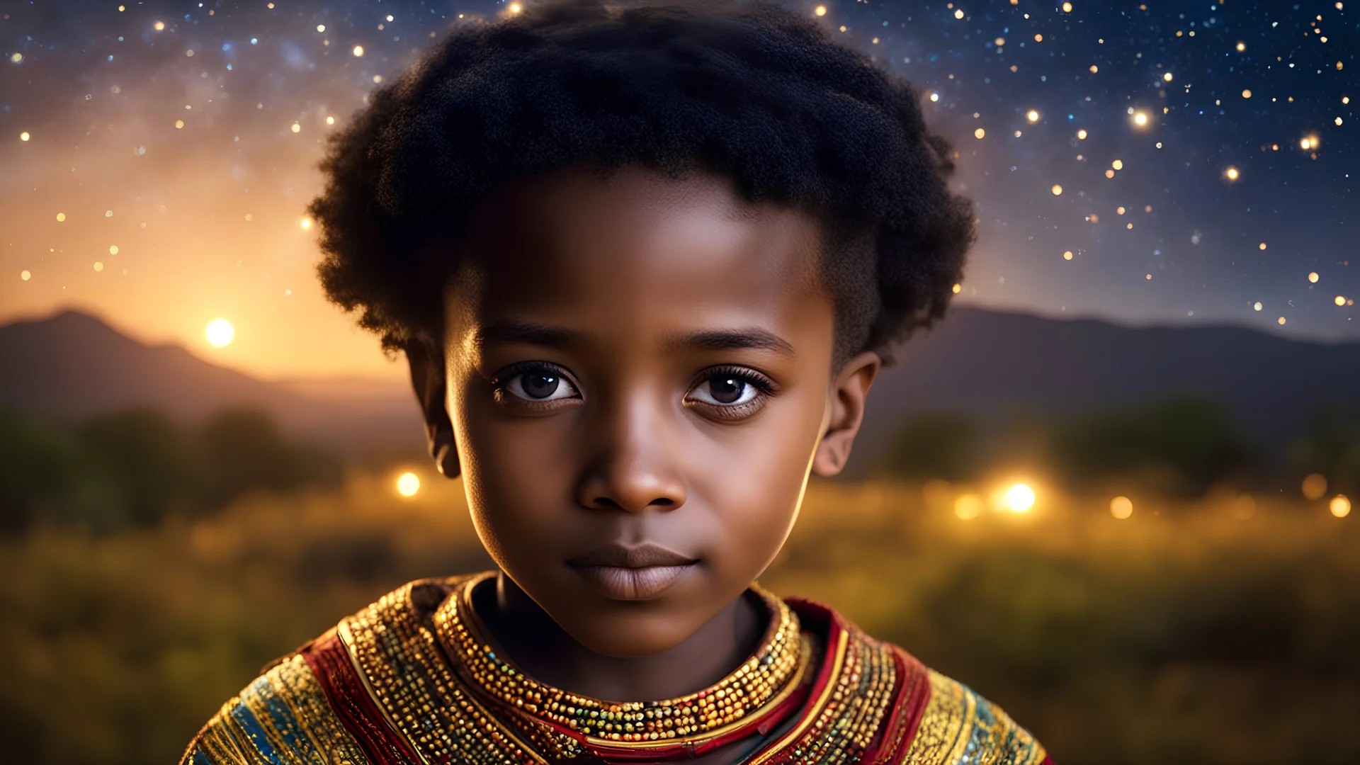 little very young Ethiopian boy, handsome, peaceful, gentle, confident, calm, wise, happy, facing camera, head and shoulders, traditional Ethiopian costume, perfect eyes, exquisite composition, night scene, fireflies, stars, Ethiopian landscape , beautiful intricate insanely detailed octane render, 8k artistic photography, photorealistic concept art, soft natural volumetric cinematic perfect light, chiaroscuro, award-winning photograph, masterpiece, Raphael, Caravaggio, Bouguereau, Alma-Tadema