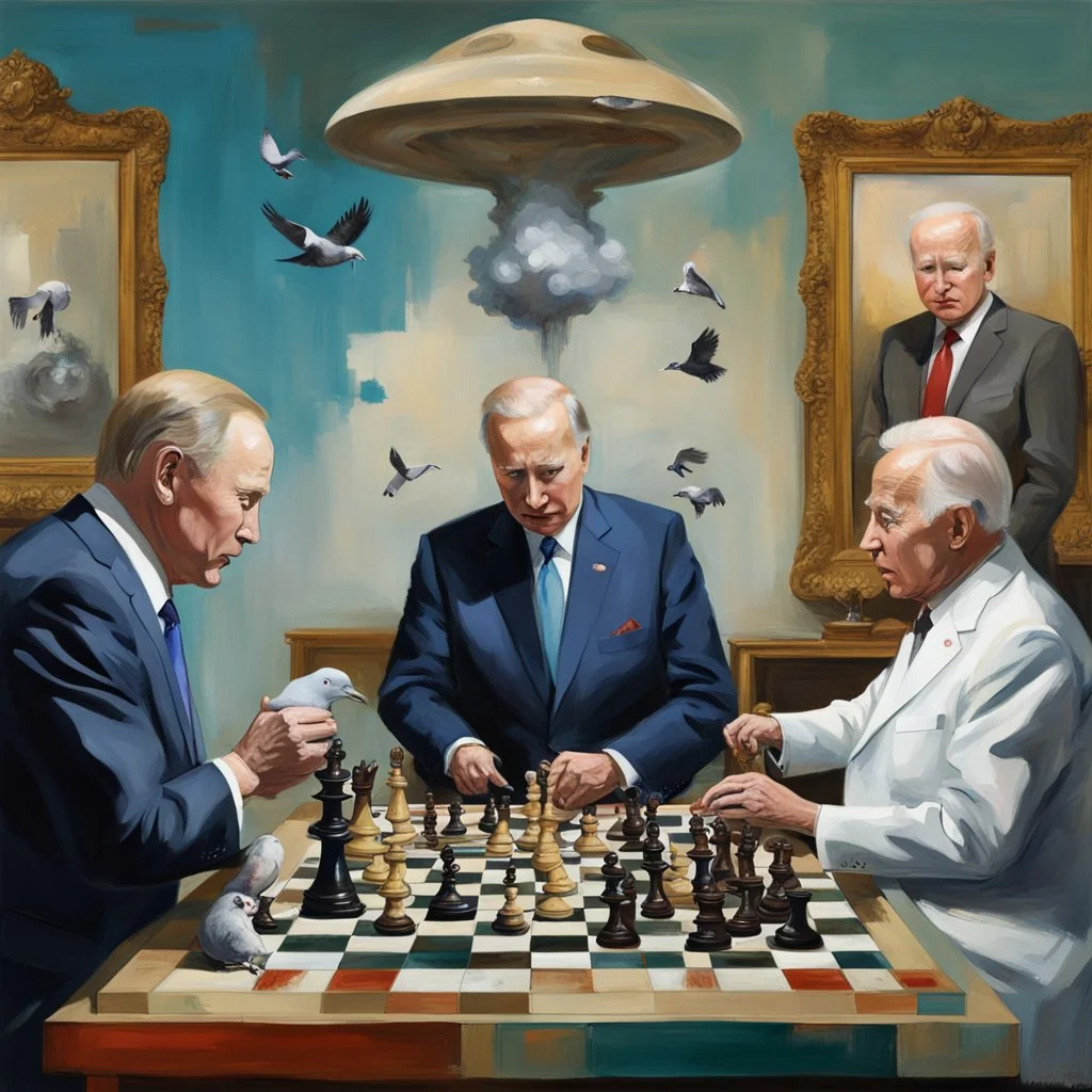 Putin, President Xi Of China And Joe Biden Play Chess With A Pigeon,Ufo And Atomic Bomb Mushroom Cloud,Complex Surgical Instruments Intermixed With A Newborn Boy,Minimalism,Painting By Adrian Ghenie,Rene Magritte,Pablo Picasso,Michelangelo,Salvador Dali,Lucian Freud