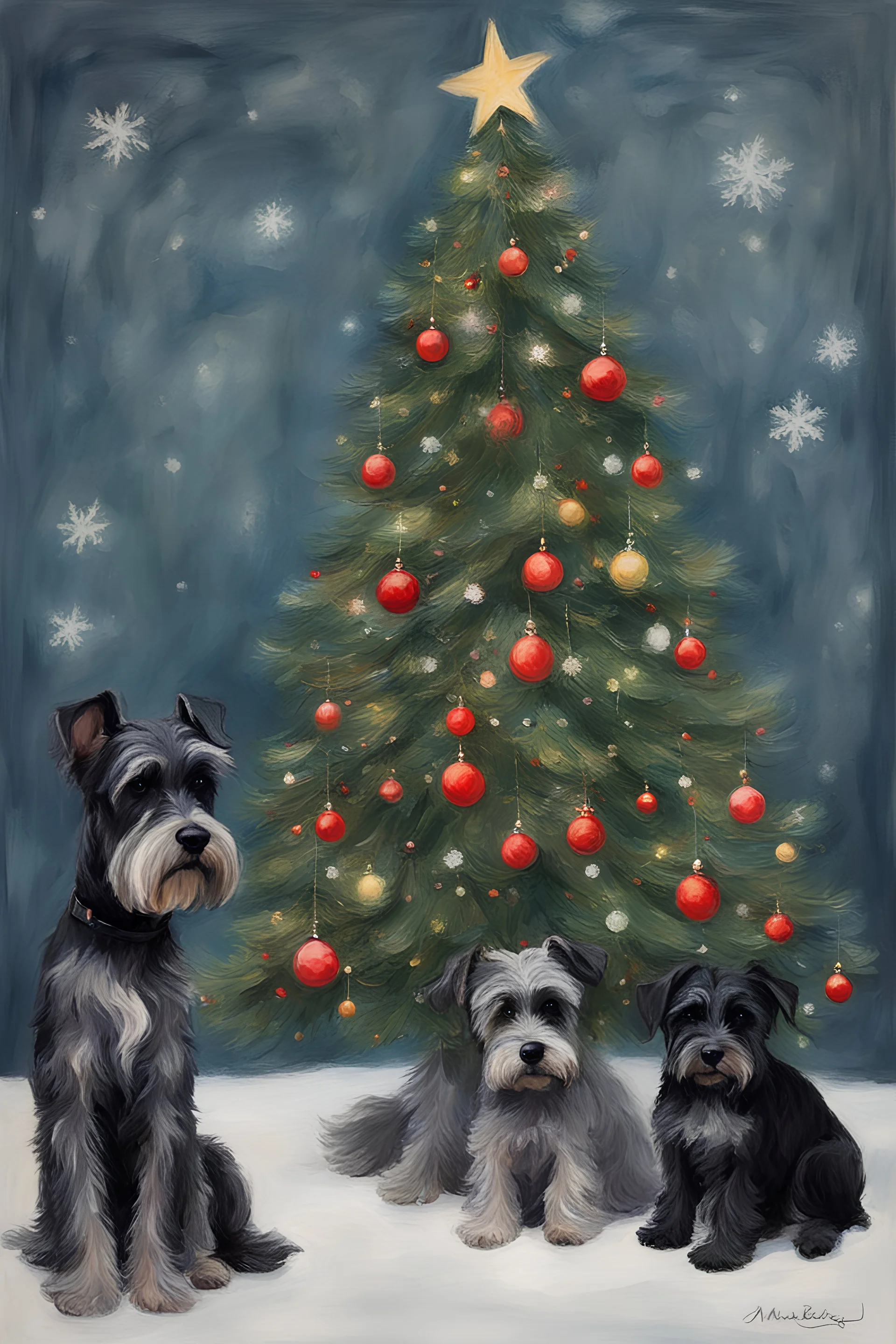 make a picture of a Christmas tree and three totally black and same size schnauzer dogs by monet