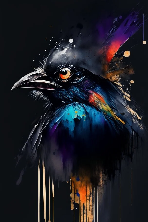 abstract painting, watercolor, full color, black background, 8k resolution, splashed, varied brushstrokes, bird head look down and bird eyes look across