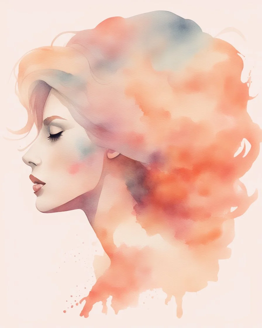 woman silhouette and hair watercolor draw peach pastel colors