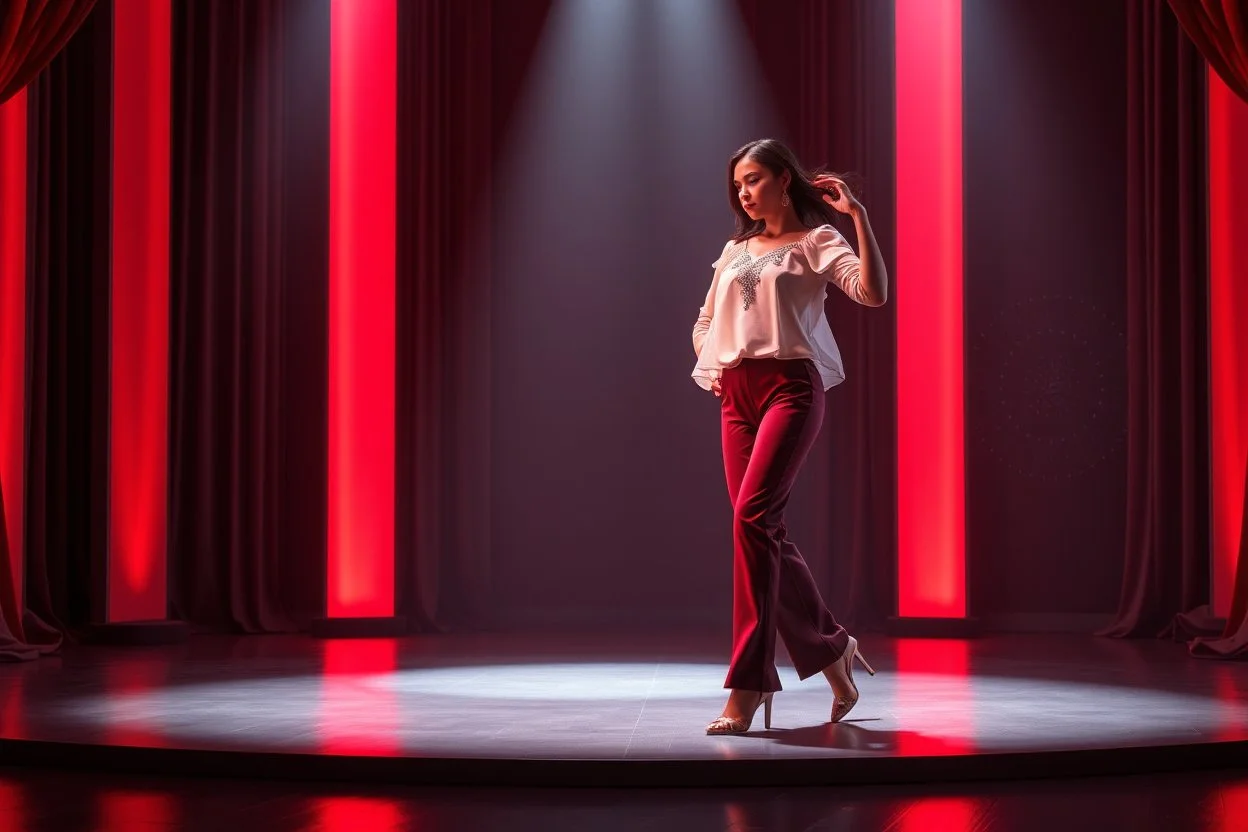 modern stage with gray-dark red theme artistic decoration , color full dynamic lighting, a beautiful lady in pants and blouse with shining silver jewels dancing, 3D recursive fractal structure animating background