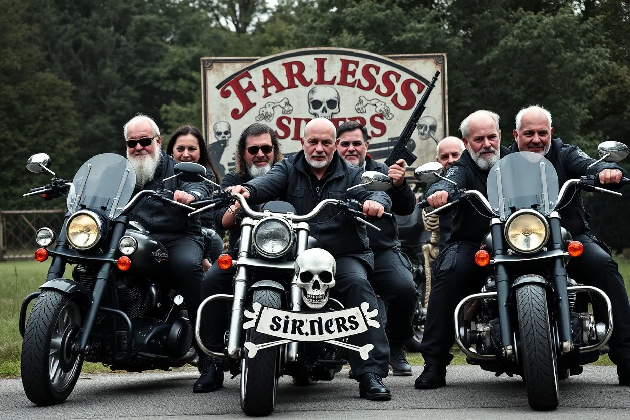 a very hard and tuff motorcycle bald gang, not old, posing with their Harley Davidsson bikes, some of them holding guns and shotguns, a logo sign with Falköpings HD Club, "Fearless sinners" Skulls and bones, skeletons