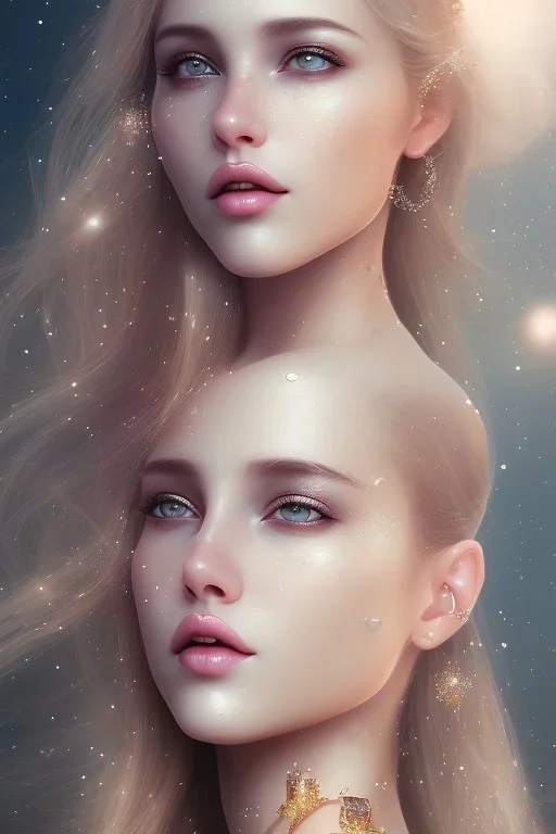 jeune femme cosmique, belle, fine, jolie bouche douce subtile, long cheveux blond etoilés, jolie yeux, belles lèvres,bijou sur le front , dans plan d'eau, vray, cgi, reflets de lumen, prairie