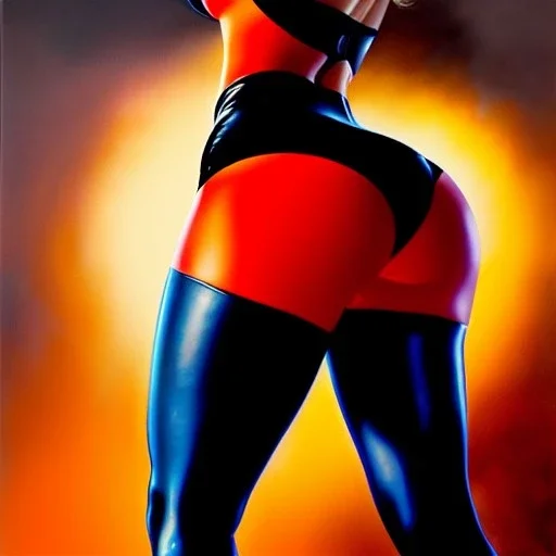 Drawing of beautiful face,'beautiful booty,Busty fit Helen Parr-The Incredibles',intense stare, ancient skintight armor, balanciaga fashion clothe painting by gaston bussiere, greg rutkowski, yoji shinkawa, yoshitaka amano, tsutomu nihei, donato giancola, tim hildebrandt, Oil on canvas, cinematic composition, extreme detail,fit full head inside picture,16k