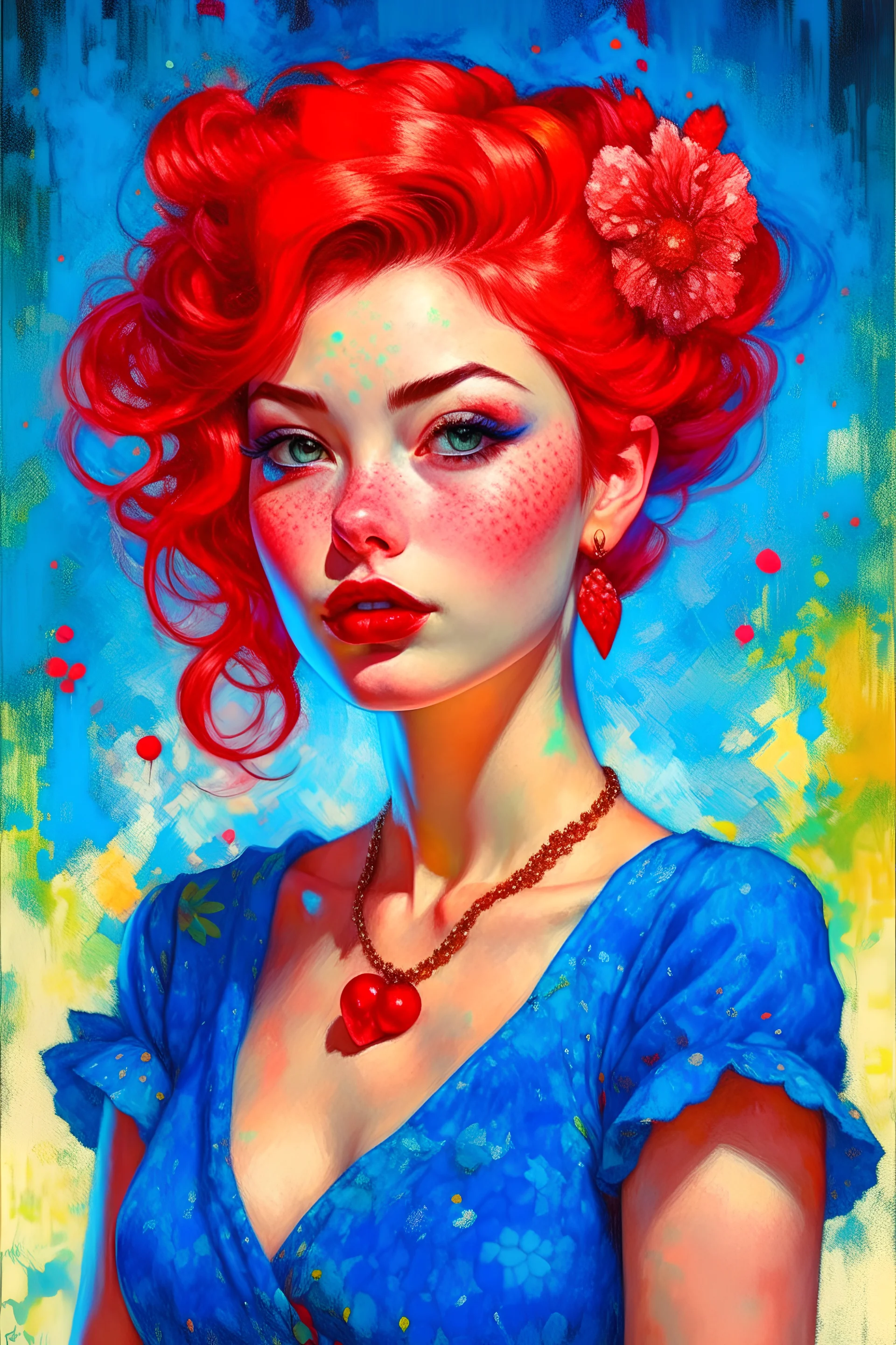 portrait_pinup_woman_blue_red cherrys hearts style Awwchang and style James Christensen and CGSociety and style Carne Griffiths and Minjae Lee, fun background, style Lou Xaz