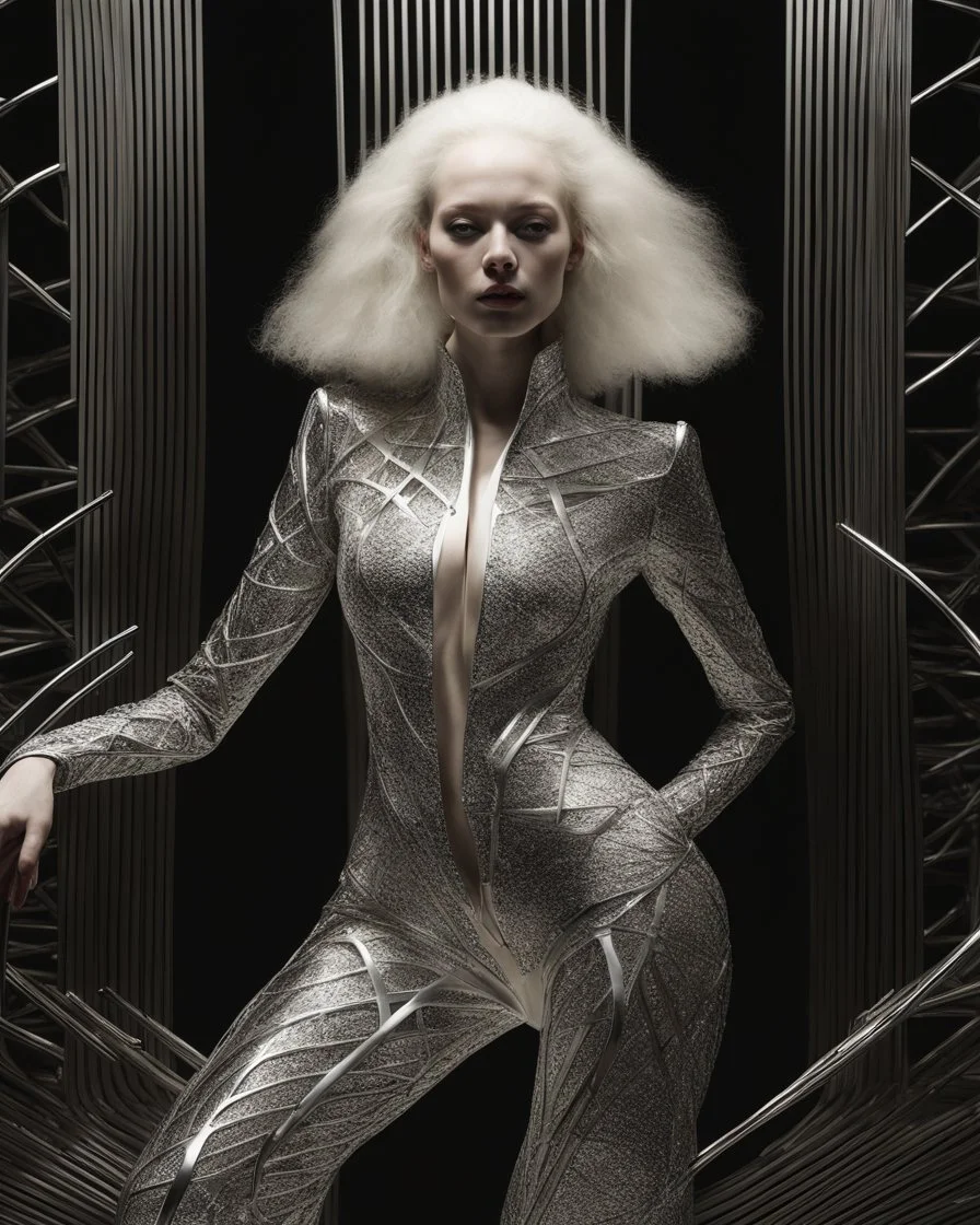 A mesmerizing fusion of intimate abstraction and surreal futurism, depicting a striking female albino figure adorned in a breathtaking silver chrome-scaled suit. The intricate structure of the suit echoes the hyper-fractal nature of a coherent hyper-position lattice, creating a dynamic interplay of light and form that seems almost otherworldly. Her presence is both mysterious and seductive, yet tinged with an innocent vulnerability, as she gazes outward with an expression of deep longing. Ether