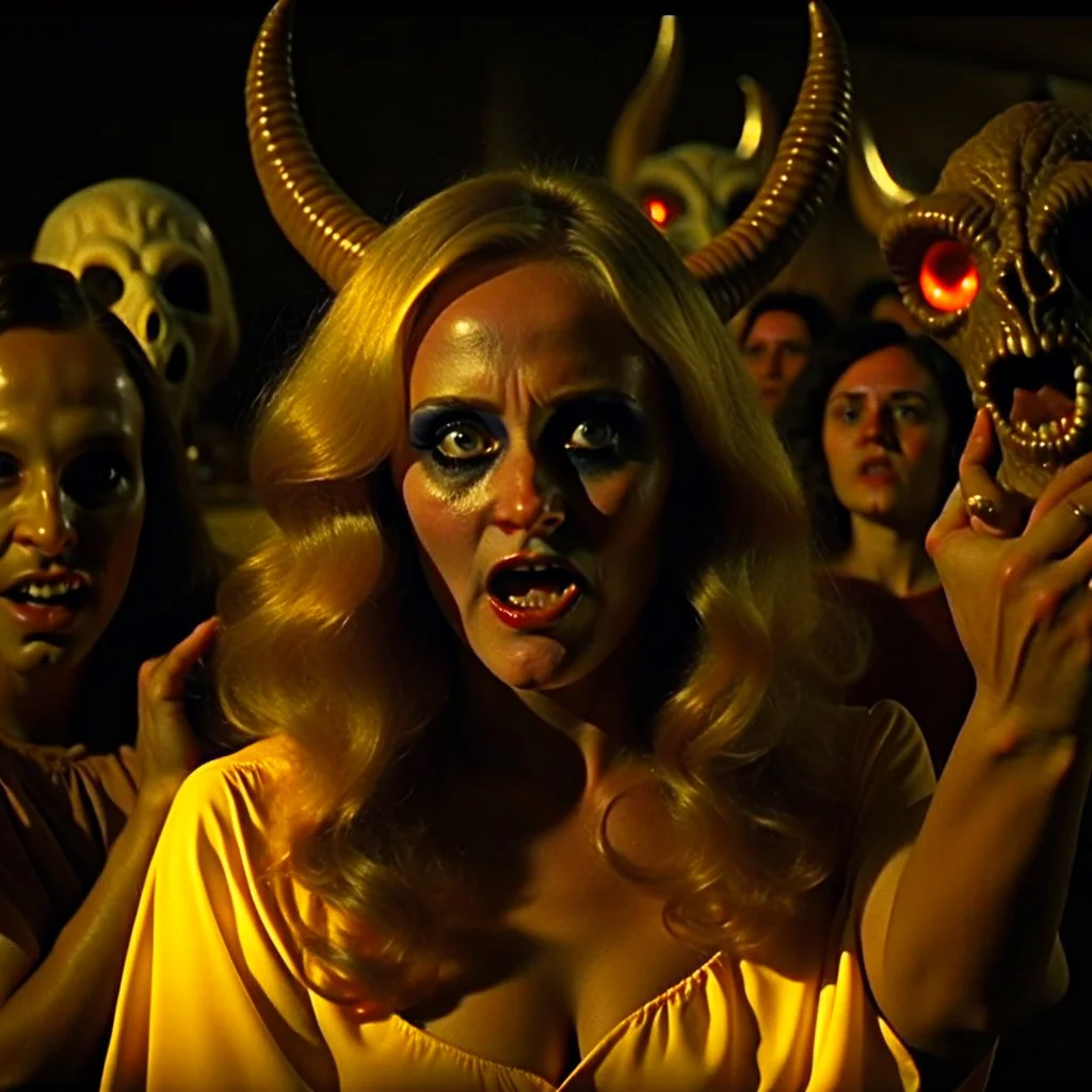 Horror movie shot, spooky, horns, hot, ultra realistic, dine, they enjoy and get excited, ashs, ultra realistic hot blonde women, party, extremely, pieces of organs, ail, dynamic, very excited people, 1970's, Dario Argento, hypermaximalist figures, light, Italian horror movie, sinister, ornate, 4k, photorealism