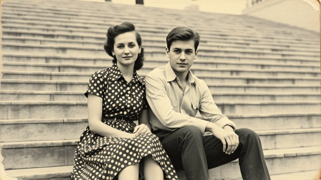 retro monochrome photo of a young hungarian couple in 60s style outfit sitting on the stone stairs in Budapest , the photo is old, stained and scratched in some places, one corner of the photo is missing, the girl's and the boy's faces not clearly visible, blured, behind them are many stairs, summer, moody photo