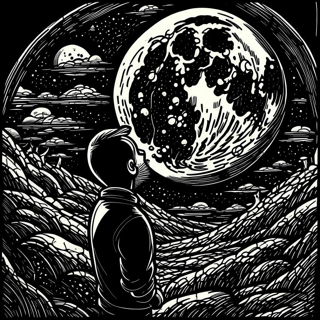 Man mesmerized by the moon, by B. Kliban, minimalistic creepy sketch, dark colors, complex contrast, dynamic composition