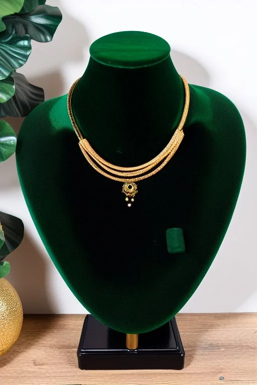 dark green velvet Necklace Mannequin Stand on a luxury table