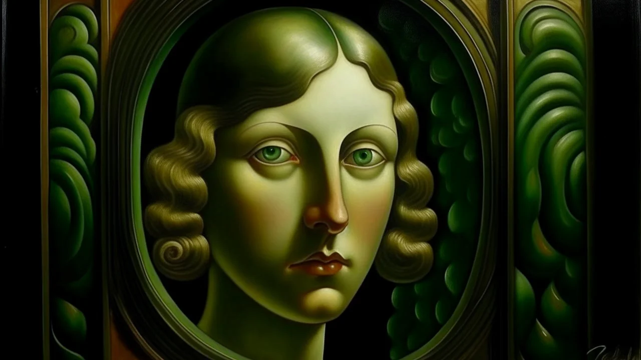 woman in a mysterious room, painted by rene lalique, 1 9 2 7. oil on wood. detailed, realistic, expressive, green eyes, large nose, lovely, 4K, high quality, smooth, sharp focus, beautiful scene, face