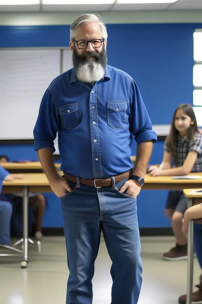 A teacher with a fit body, glasses, and white beard, wearing blue jeans and a dark blue shirt, stands in front of his students in the classroom.