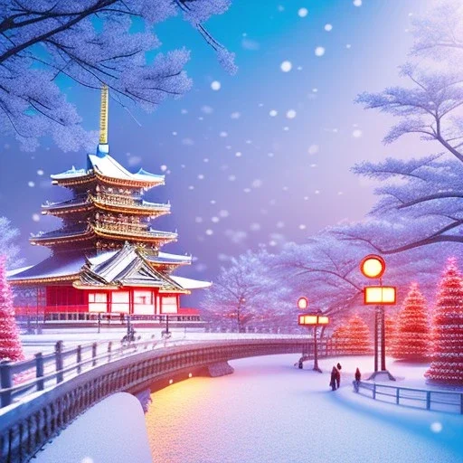 snowy Japan modern city landscape in winter, building light on, beautiful, colorful, art by anime stedio, high details, high quality 8k