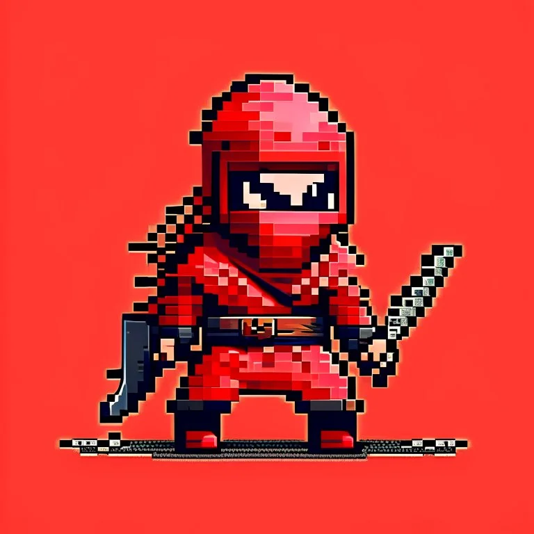 a pixel art-style, simple 64-bit Ninja with a red outfit, retro gaming shinobi graphic style