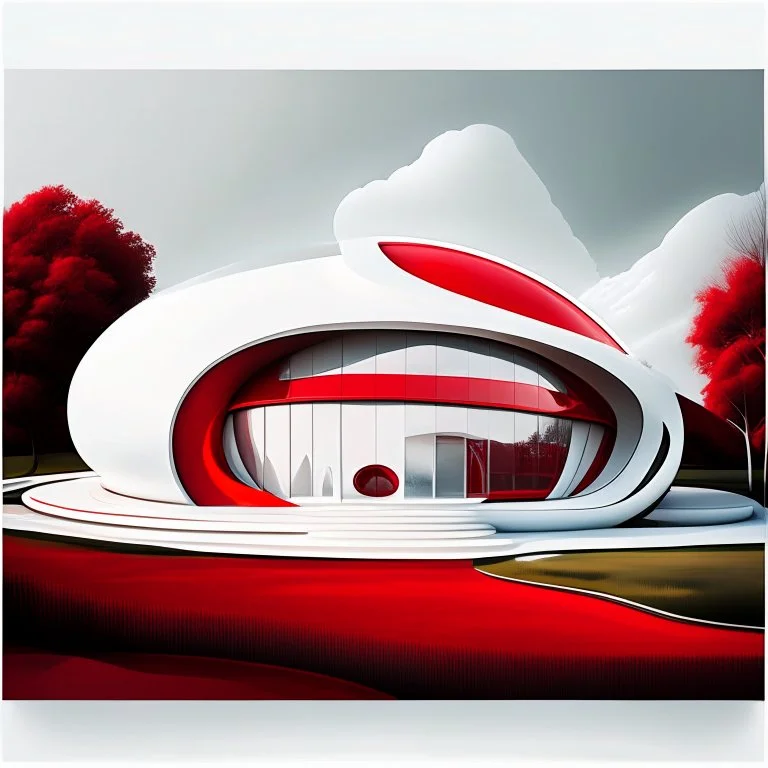 Draw an lineal illustration of a red and white country house, oval and round shapes, modern, minimalist style, ultra quality, detailed, Zaha Hadid style, Zaha Hadid style