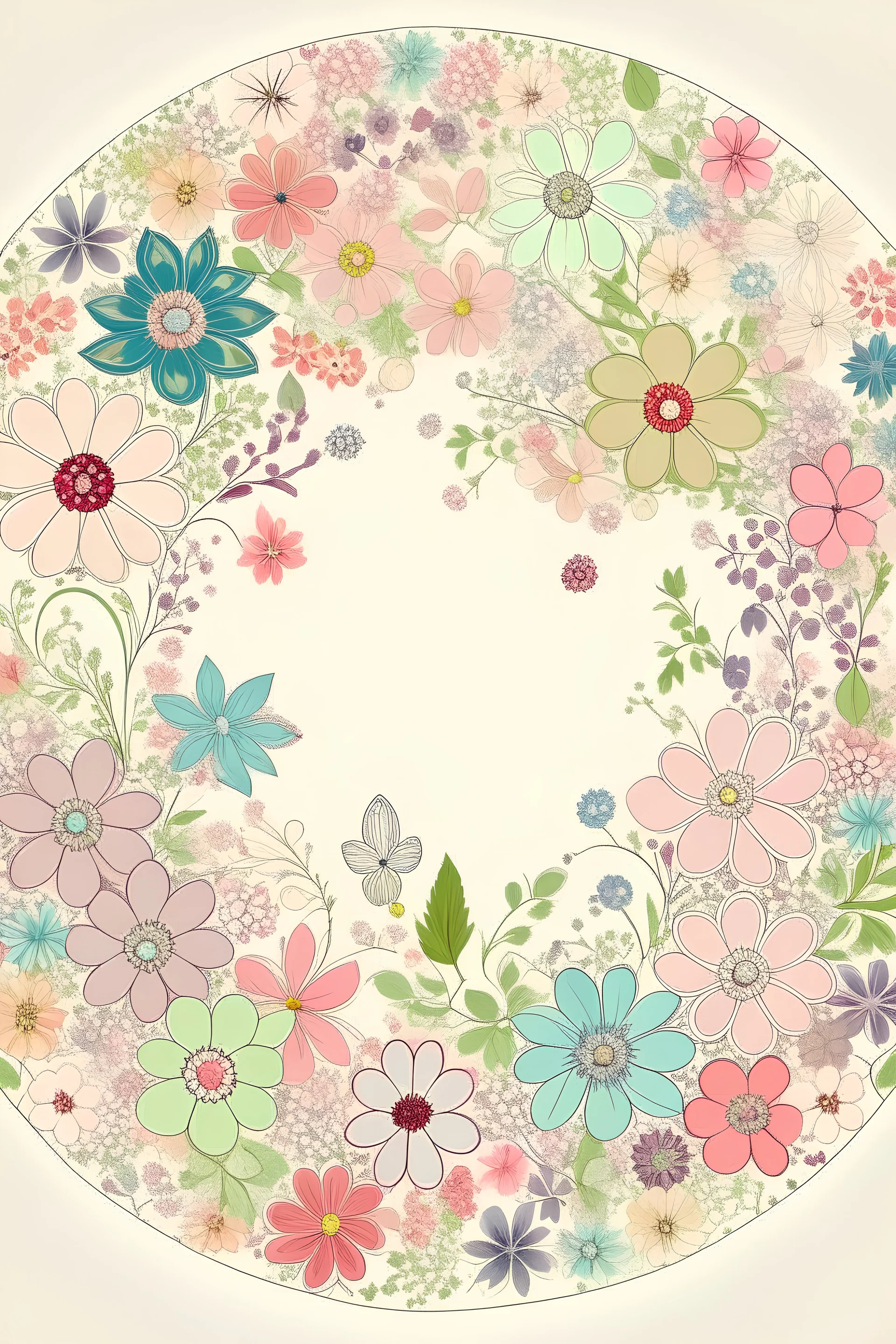 "Design a image with a circle of small flowers, covering the entire frame. Each flower should be detailed and varied, creating a seamless and intricate floral pattern. The design should evoke a sense of natural beauty and elegance, with soft pastel colors blending harmoniously throughout the circle."